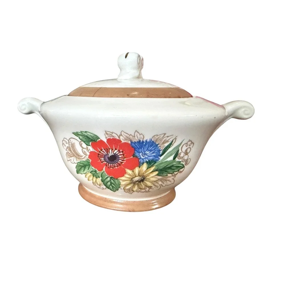 Vintage 1948 Edwin M Knowles Floral Creamer Sugar Bowl Set USA Cottagecore